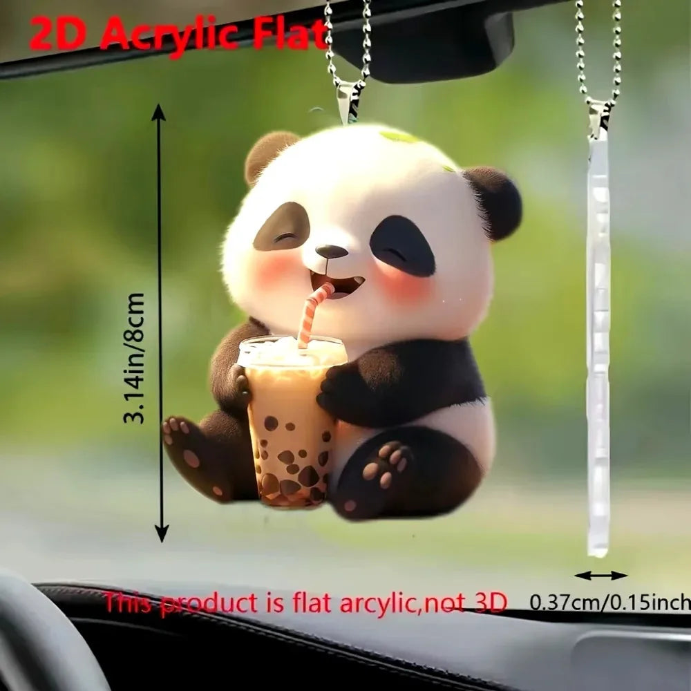 Panda Drinking Boba Tea 2D Acrylic Cartoon Mirror Pendant