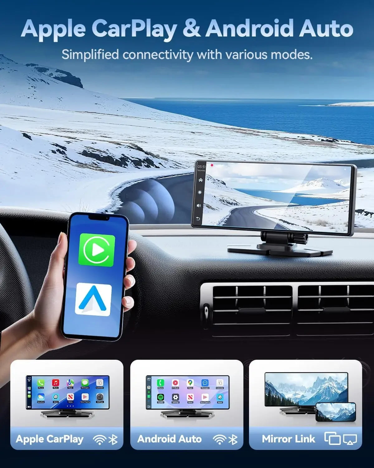Carplay 8.1" Portable Touch Screen Car Stereo with Android + Dash Cam