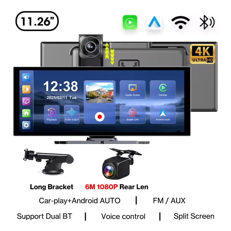 11.26 inch 4K Wireless CarPlay and Android Auto Portable Dash Cam Car Screen 5G WIFI & Navigation