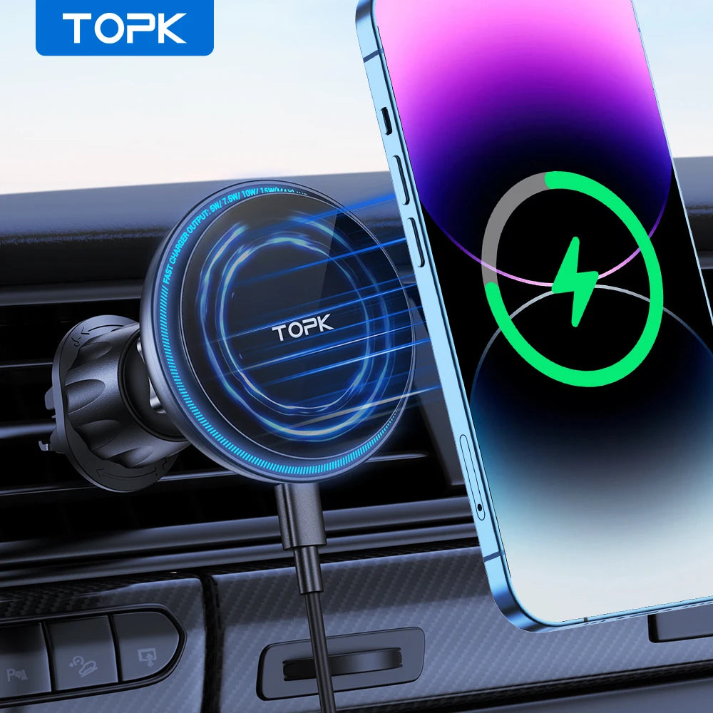 TOPK Phone Holder Charger 15W Fast Wireless Magnet for Air Vent for iPhone 16/15/14/13/12