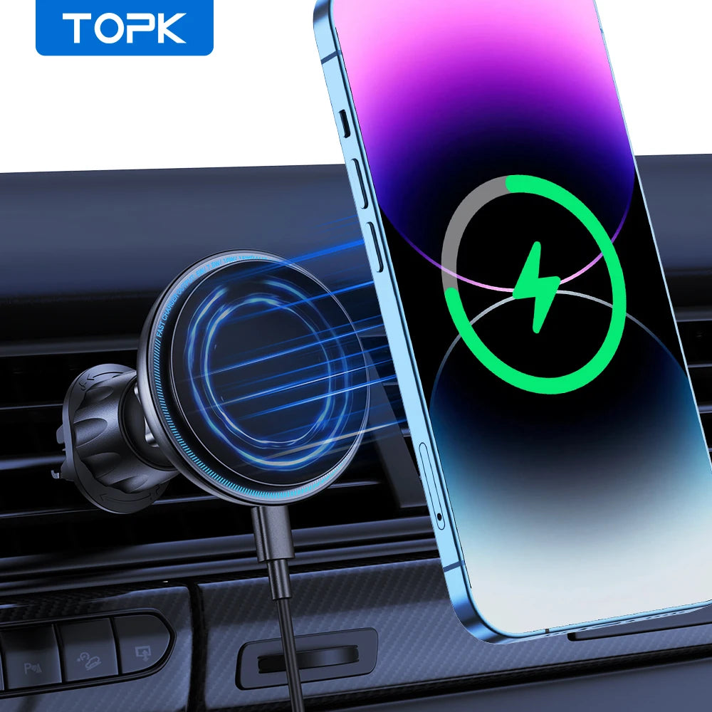 TOPK Phone Holder Charger 15W Fast Wireless Magnet for Air Vent for iPhone 16/15/14/13/12