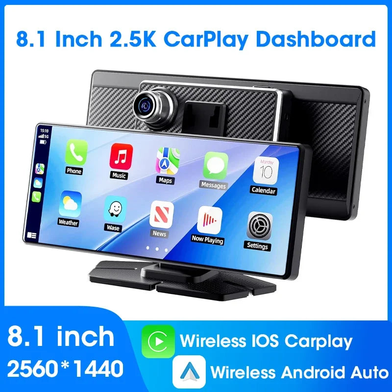 Carplay 8.1" Portable Touch Screen Car Stereo with Android + Dash Cam