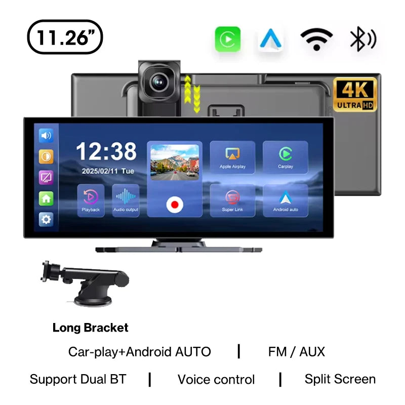 11.26 inch 4K Wireless CarPlay and Android Auto Portable Dash Cam Car Screen 5G WIFI & Navigation