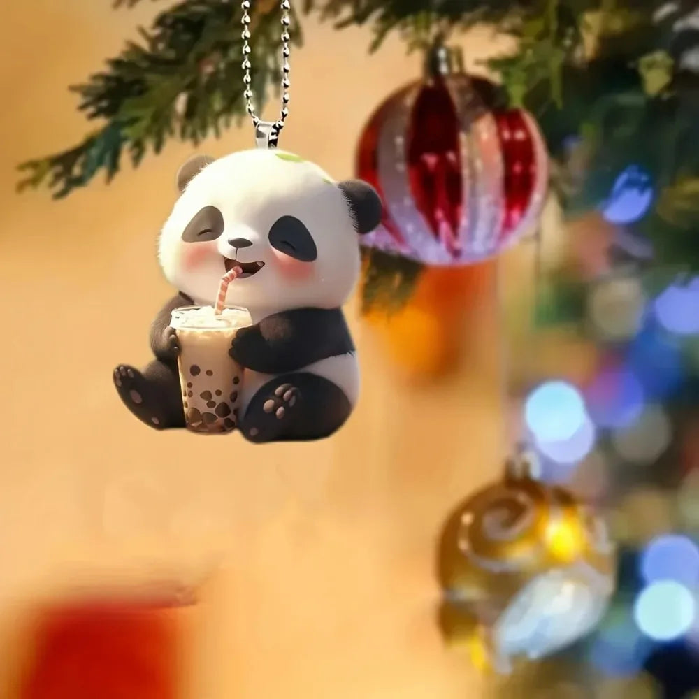 Panda Drinking Boba Tea 2D Acrylic Cartoon Mirror Pendant