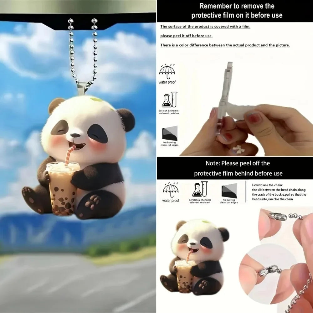 Panda Drinking Boba Tea 2D Acrylic Cartoon Mirror Pendant