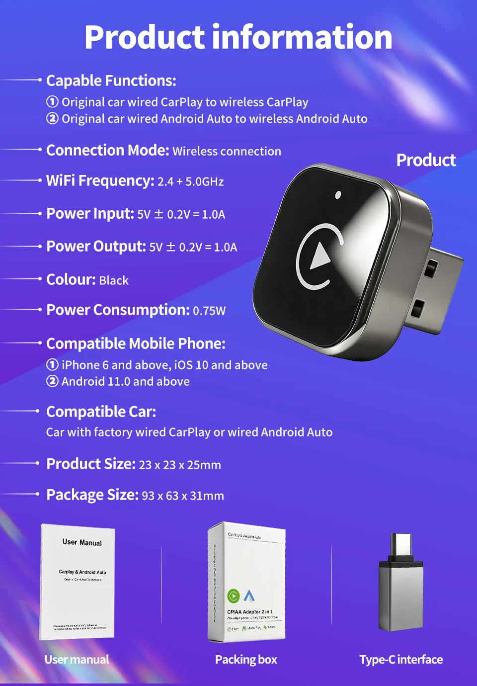 Wireless CarPlay Adapter High-Quality Smart Box 5GHz WiFi Type-C/USB Car Accessory