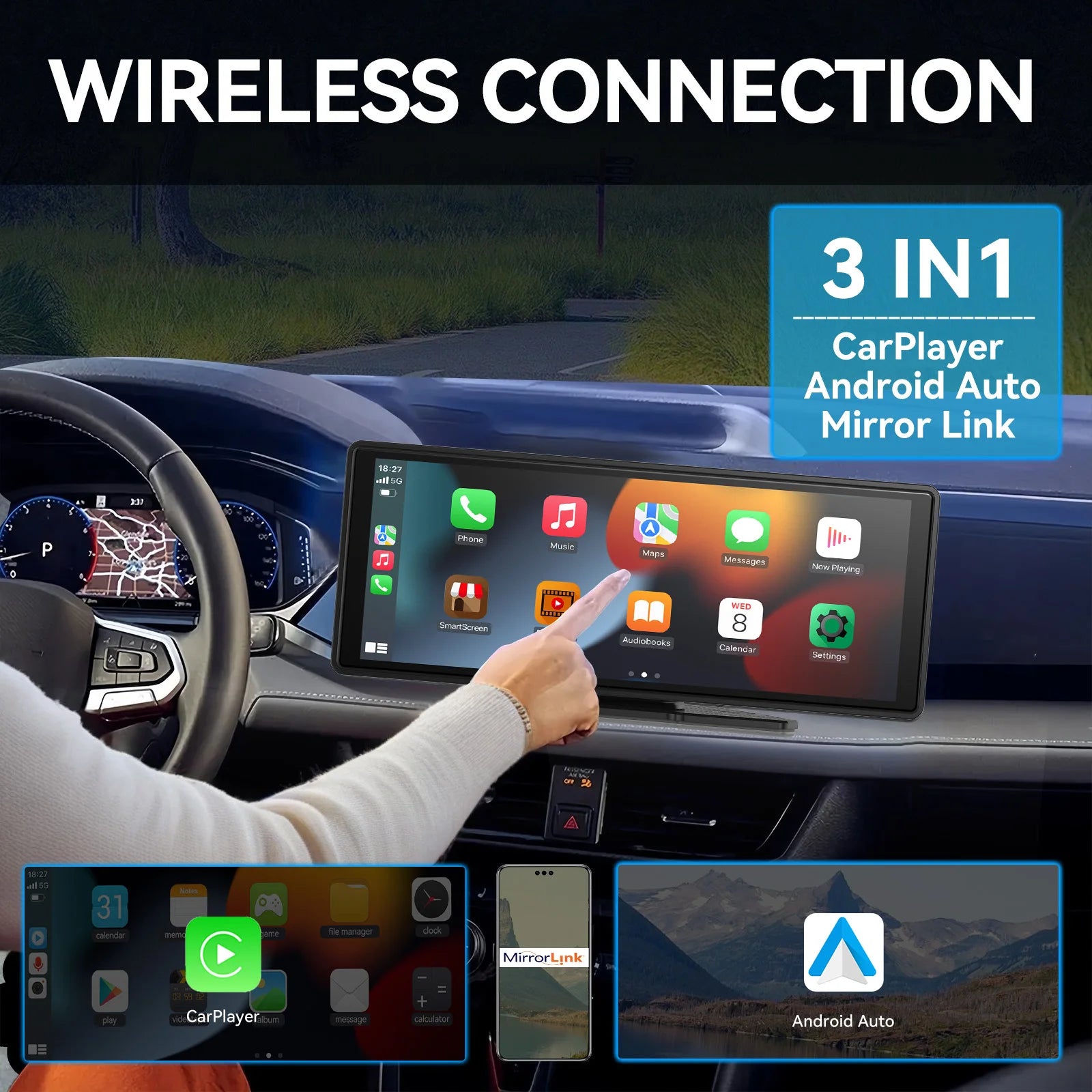 Universal Portable Carplay, Wireless Carplay Screen Wireless Car Stereo with Carplay Android Auto,