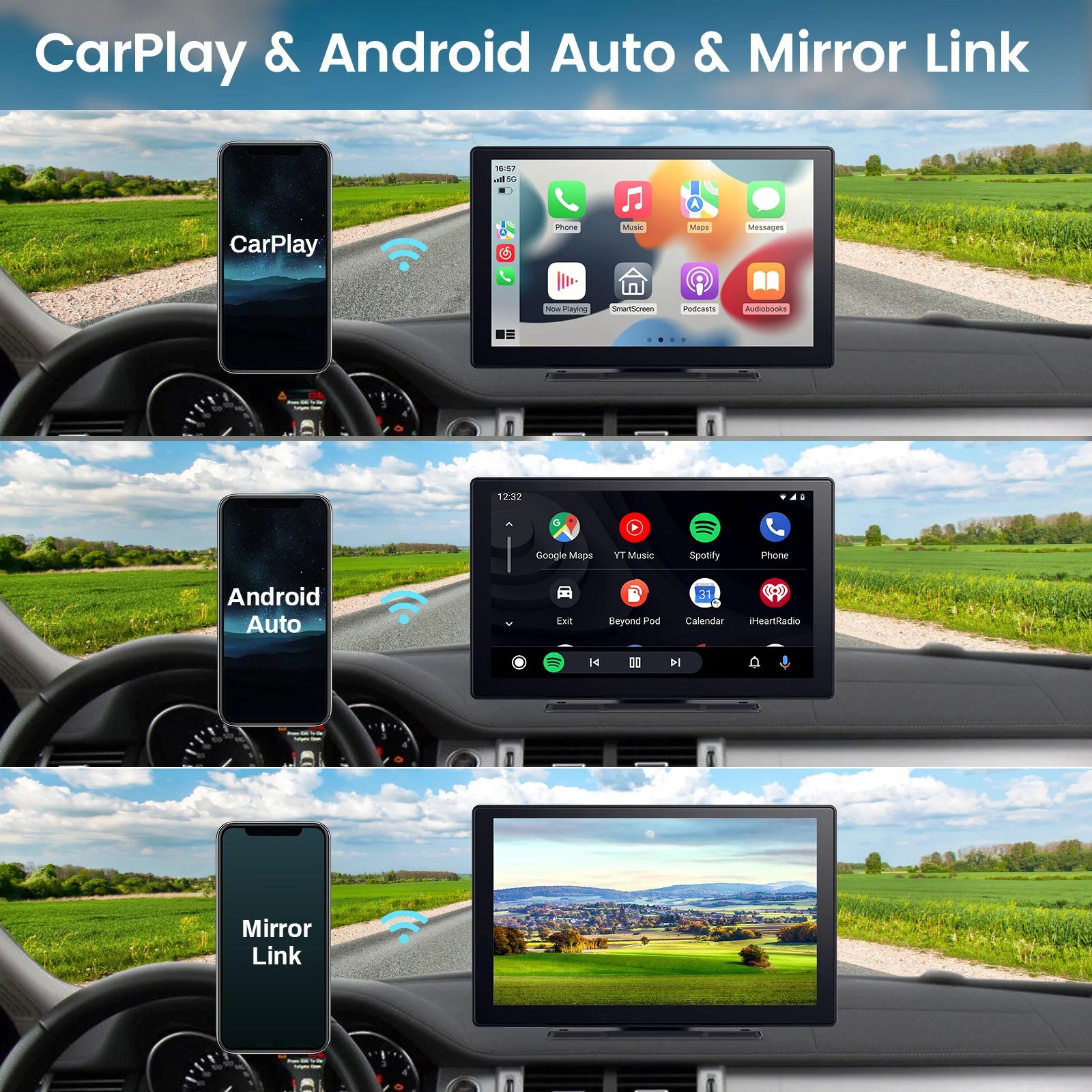 Pionray 7/9/10.26” CarPlay USB & AUX Support + Rearview Camera
