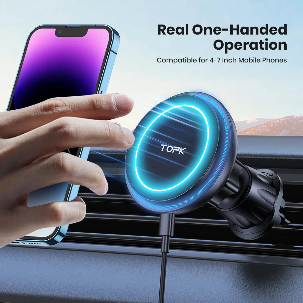 TOPK Phone Holder Charger 15W Fast Wireless Magnet for Air Vent for iPhone 16/15/14/13/12