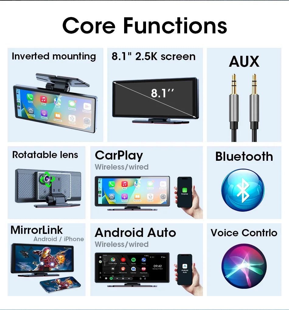 Carplay 8.1" Portable Touch Screen Car Stereo with Android + Dash Cam