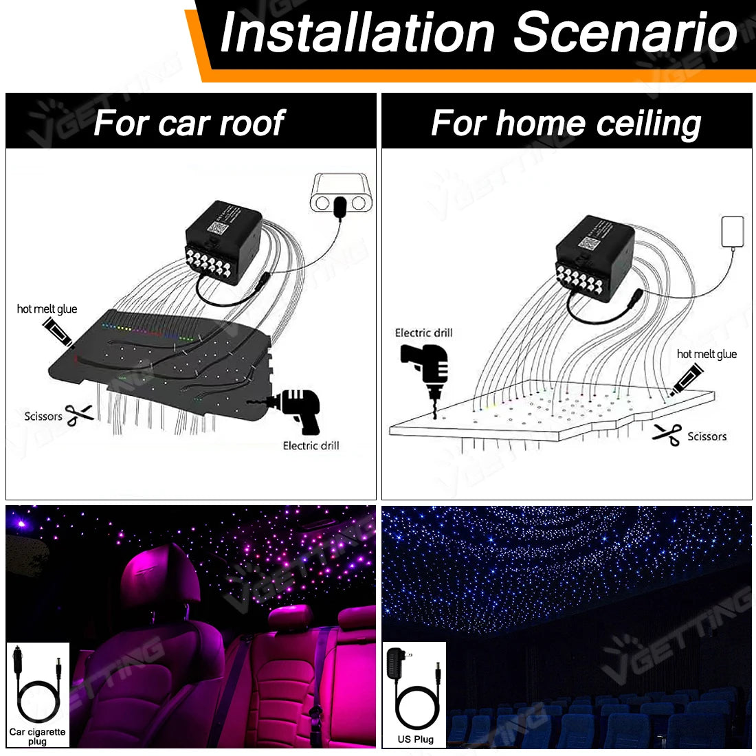 Starlight Headliner Kit 32W 4Port Twinkle Star Roof Meteor Light Fibre Optic 920ct