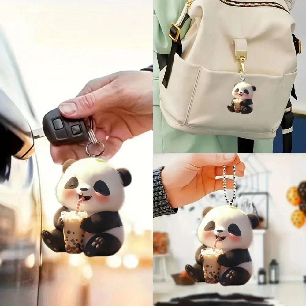Panda Drinking Boba Tea 2D Acrylic Cartoon Mirror Pendant
