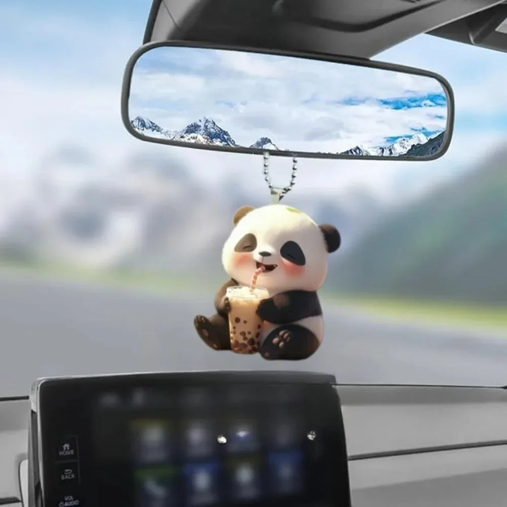 Panda Drinking Boba Tea 2D Acrylic Cartoon Mirror Pendant