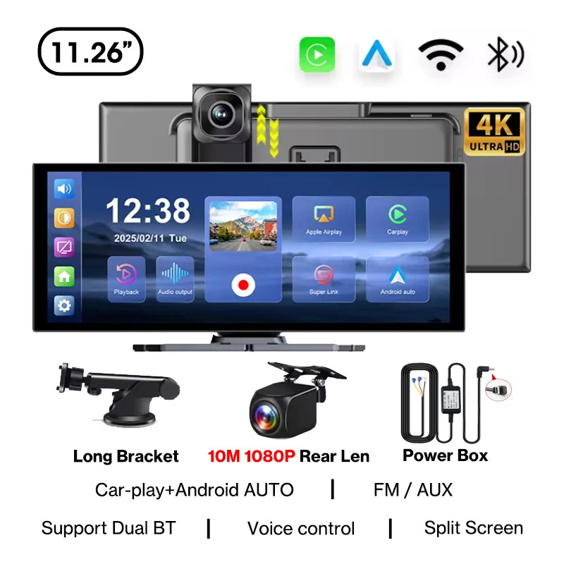11.26 inch 4K Wireless CarPlay and Android Auto Portable Dash Cam Car Screen 5G WIFI & Navigation