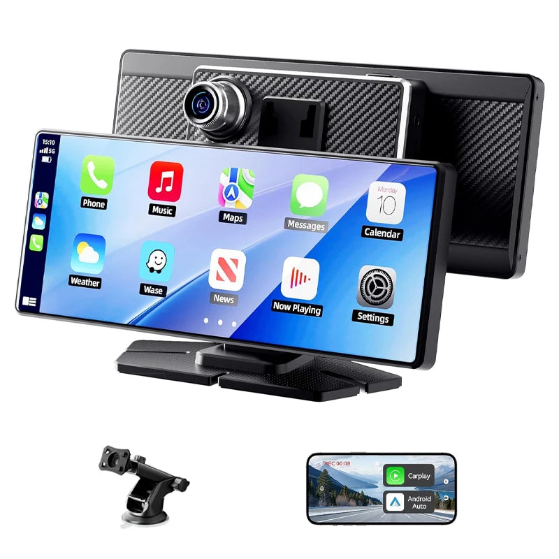 Carplay 8.1" Portable Touch Screen Car Stereo with Android + Dash Cam