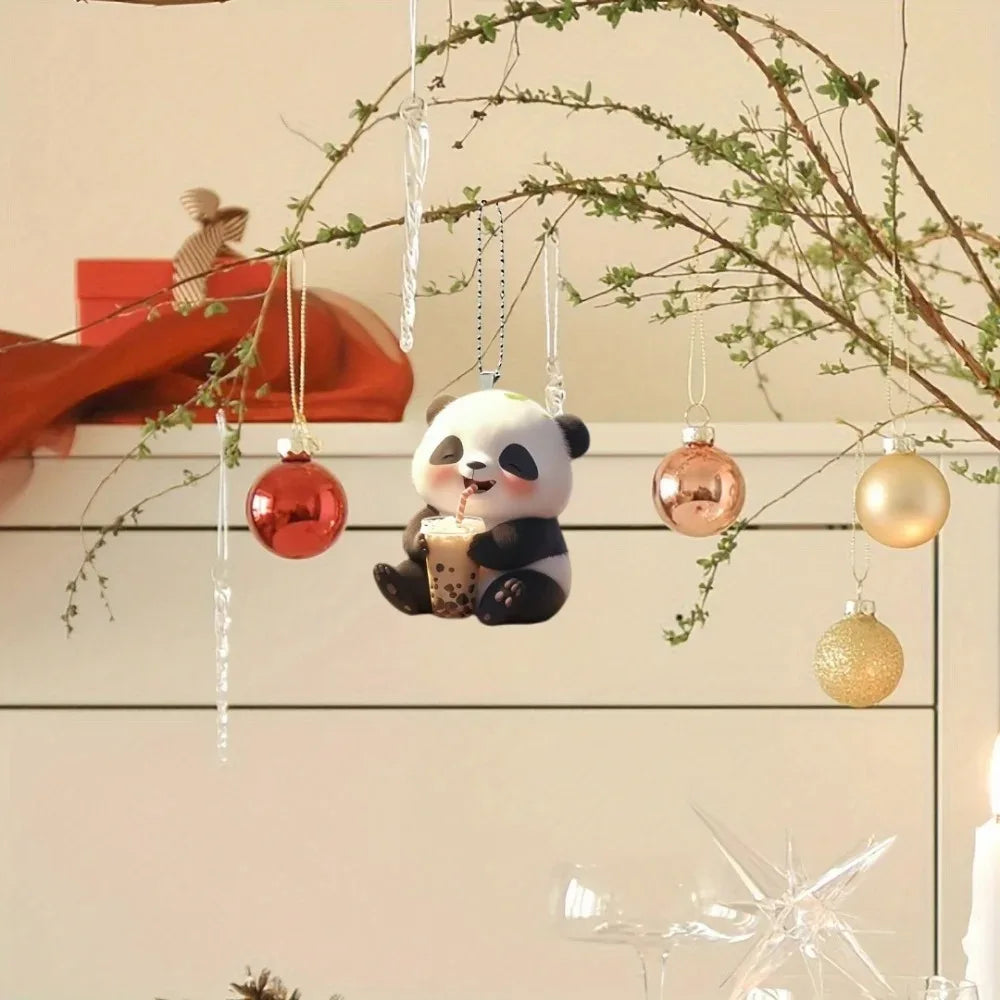 Panda Drinking Boba Tea 2D Acrylic Cartoon Mirror Pendant